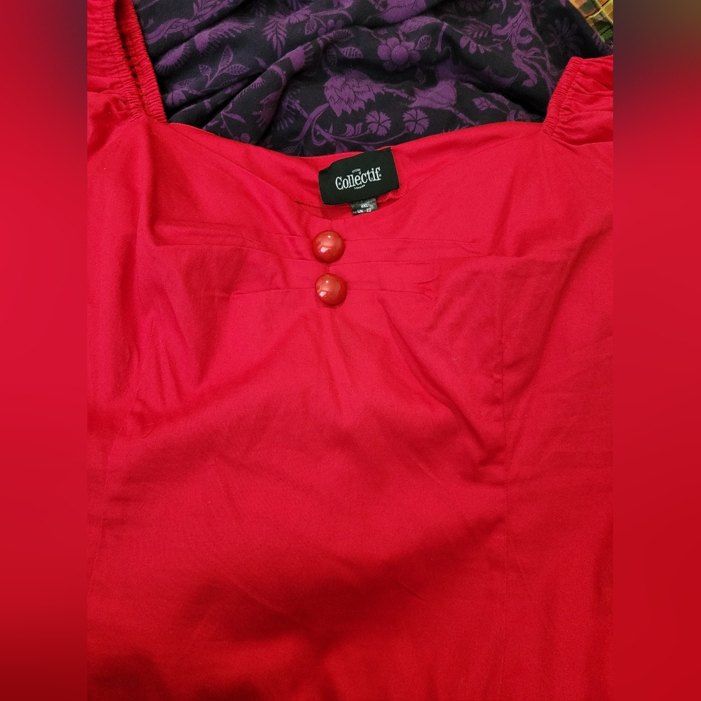NEW Collectif Dolores Red Top with Puff Sleeve & Button Accents